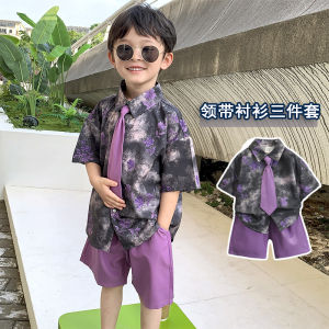 Boys Summer Short Sleeve Shirt Set with Tie Two Pieces Korean Style Childrens Casual Wear Baby Clothes for Ages 1-8 Years Old