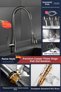 INSIHAY | Gunmetal Gray Kitchen Faucet Pull Down Adjustable Temperature Swivel Extension Copper Splash Proof