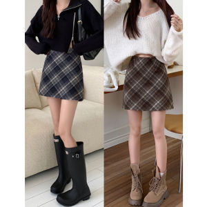 กระโปรงสั้นทรงเอเอวสูงผ้าขนสัตว์ลายสก็อตสีพื้นสำหรับผู้หญิงไซส์ใหญ่ สไตล์วินเทจ สไตล์เกาหลี กระโปรงทรงเอเข้ารูป
