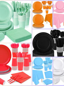 ชุดเครื่องครัวแบบใช้แล้วทิ้งที่ย่อยสลายได้ Pure Color Party Paper Plate Cup Napkin Knife Fork Spoon Camping Dining Supplies