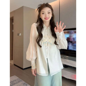 เสื้อเชิ้ตแจ็คการ์ดปักลายสไตล์จีนแบบใหม่สำหรับสวมใส่ชุดผู้หญิงไซส์ใหญ่สำหรับสาวอวบเสื้ออำพรางหุ่นเรียบหรูใส่แล้วดูผอมเพรียวดูแพง