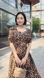 Đầm xòe họa tiết trung niên tay phồng phối phụ kiện nơ rời có túi - GR0368 (HÌNH THẬT SHOP CHỤP VÀ QUAY VIDEO)