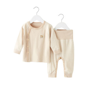 ชุดเสื้อผ้าเด็กทารกชายและหญิงสำหรับฤดูใบไม้ร่วงและฤดูหนาวชุดเด็กทารกแบบกระดุมซ่อนชุดสองชิ้นแบบแยกชิ้นป้องกันหน้าท้องเอวสูงไร้โครงผ้าฝ้ายล้วน