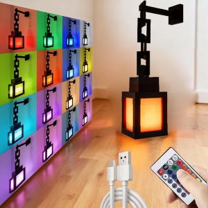 Pixel Lantern Night Light - 16-Color RGB Remote Control USB Rechargeable Design Ideal for Bedroom Game Room Wall or Table Mou