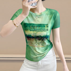 Yimei Áo thun tay ngắn xanh in thời trang mùa hè 2025 cổ tròn nữ đa năng ôm vừa áo lưới phong cách và thanh lịch hợp thời trang