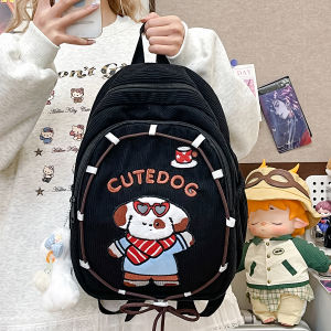 LZ69 Cute Cartoon Puppy Backpack for Girls Students Corduroy Casual School Bag with Large Capacity L69Z