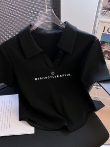 LINGLONGDAI | 2024 New V-Neck Black Short Sleeve Pure Cotton Polo Shirt Womens Design Sensation Shoulder Pure Commute Style Slim Fit Top