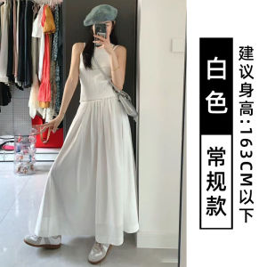 กระโปรงยาวผ้าโพลีเอสเตอร์สีขาวสไตล์วินเทจสำหรับผู้หญิง ฤดูร้อนปี 2024 กระโปรงทรงเอเอวสูง กระโปรงทรงเอสีพื้น