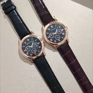 New Casual Black Dial Mens Watch Faux Leather Three-Eye Moon Phase Quartz with Brown Strap