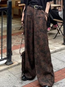 Retro Chinese Japanese Style Wide Leg Mens Pants Ink And Flower Print No Ironing Required Casual Long Trousers