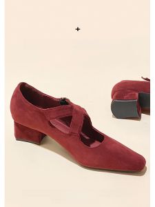 รองเท้าส้นเตี้ย Mary Janes สีแดง ทรงหัวเหลี่ยม สำหรับผู้หญิง ฤดูใบไม้ร่วง 2025 รองเท้าส้นหนา รองเท้าส้นกลาง รองเท้าส้นสูง รองเท้าแฟชั่น