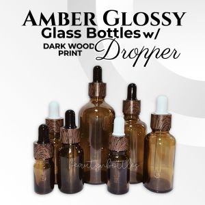 Glossy Amber Glass Bottles with Darkwood Print Dropper