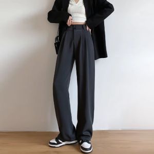 Black High Waist Double Buckle Wide Leg Suit Pants Womens Luxury Spring Summer Straight Cut Slimming Drapey Trousers