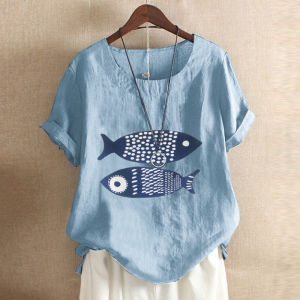 Áo Thun Cổ Tròn in Họa Tiết Tay Ngắn Dáng Rộng Cỡ Lớn Thời Trang Mùa Hè Che Bụng Thon Gọn Chất Liệu Cotton Thoải Mái