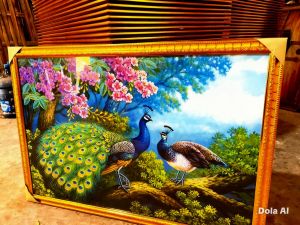 Hiasan Dinding Burung merak hijau besar jumbo 100x70cm 3D Gambar Burung merak hijau di hutan