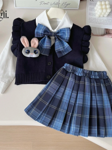Girls 2025 Autumn New JK Knitted Rabbit Police Officer School Style Four-Piece Set Trendy Long Sleeve Other Fabric Other Design