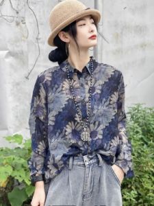 Retro Floral Print Silk Linen Womens Loose Fit Shirt Thin Base Layer Shirt Trendy Folded Shirt All Match Loose plus Size