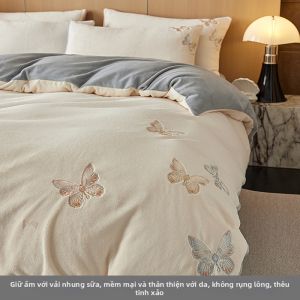 shui yang | Bộ Chăn Ga Flannel Thêu Phong Cách Ngọt Ngào Ấm Áp Mùa Đông