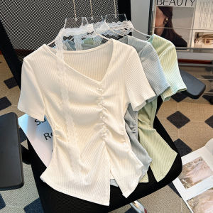 Slim Fit Short Sleeve Knitted T-Shirt Womens Summer New Style Thin Pure Desire Floral Bow Tie Versatile Casual Top Shirt