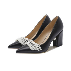 White Pearl Embellished High Heels Womens Fashionable French Style Chunky Heel Elegant Single Shoes Chinese Wedding Shoes