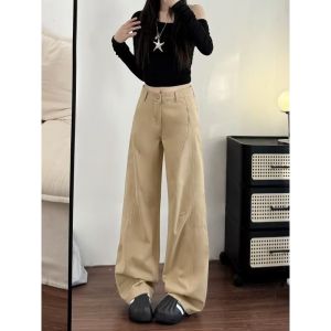 Khaki Wide Leg Denim Jeans Womens Loose Straight Pants Autumn New Style plus Size Pear Shape Body Slimming Drapey High Waist Cotton