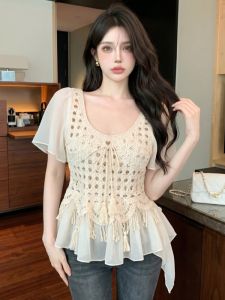 GUZILIAN | Áo Thun MESH Phong Cách Boho có Ren và Xỏ Dây Tay Ngắn Kết Hợp Voan