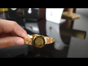 Lunara Greek Key Stainless Gold-Plated Bangle with Matte Medallion