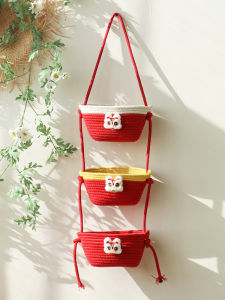 Chinese Style Handwoven Wall Hanging Storage Bag for Living Room Entrance Dormitory Snacks Miscellaneous Goods Storage Basket