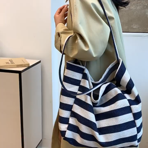 Korean Striped Canvas Shoulder Bag - Large Capacity Travel Shopping Tote for Women