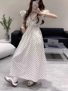 French Style Bubble Sleeve White Polka Dot Pleated V-Neck Dress Summer Womens Fashion A-Line Skirt with Pocket High Waist Silk Cotton Dress