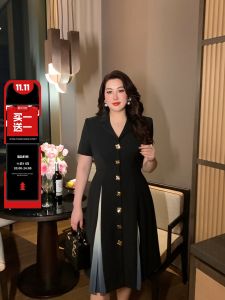 GLEC plus Size Womens Black Suit Dress Heavy Design Hepburn Style High Waist A-Line Skirt V-Neck Zipper Closure Commute Wear