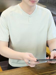 HENGYUANXIANG | Hengyuanxiao Mens Casual Short Sleeve T-shirt Cuban Collar One Button Summer V-neck Breathable Comfortable Cotton Polyester Blend