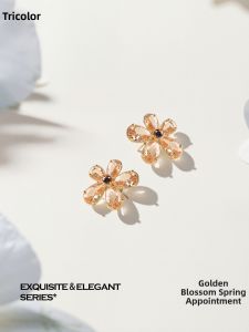 3COLOUR·S | New Amber Flower Stud Earrings 925 Silver Pins Elegant French Style Daily
