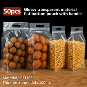 50pcs Factory Wholesale Top Zipper Self Sealing Clear Flat Bottom Pouch for Nuts Spice Plastic Food Packaging Bags with Handle