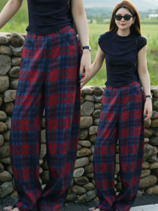 MEITESIJIAONU | Vintage Red Blue Check Wide Leg Casual Trousers Linen Thin Summer