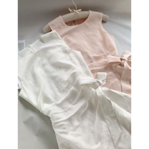 LIRUSHAN | French Bow Pink Linen Sleeveless Waist Cinching Short Dress