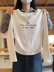 Pure Cotton Shoulder Small V-neck Long Sleeves T-shirt Female Spring and Autumn Slim Fit Slimming Sense of Design Niche Style Chic Niche Style Base Tops