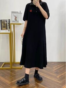 Plus Size Plus Size Ladies 1.00 Kg-150.00 kg Polo Collar Long T-shirt Skirt Loose Slim Looking Summer Short Sleeve Fashionable Dress Women