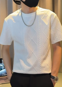 Áo thun ngắn tay jacquard kim cương nam – Áo sơ mi dáng thon cổ tròn chất lượng cao kiểu dáng casual Hàn Quốc hip hop trang phục đường phố mùa hè cao cấp