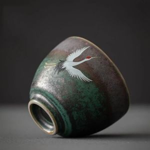Traditional Chinese Style Tea Cup Flying Crane Pattern Retro Ceramic Teacup Coffee Cup Coarse Pottery Cups