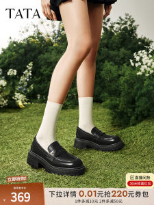 TATA Thick Heel Loafers Womens Shoes Spring New Style Black Small Leather JK Shoes Single Shoes Casual round Toe High Heel