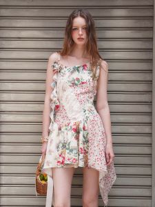 Original RunRunSweet Rose Floral Print Lace Patchwork Color Block Asymmetrical Strap Dress Womens Sweet Fresh Style Midi Dress