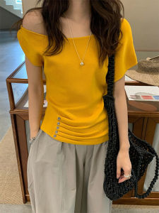 YUEZHONGWEI | Yellow Irregular Design Knitted Ice Silk Short Sleeve Womens T-Shirt Summer Waist-Cinching Shoulder Baring High-End Feeling Top
