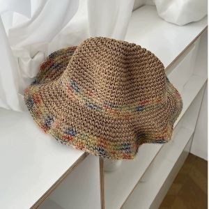 Colorful Woven Straw Hat Womens Summer Vacation Beach Sunshade Hat Face Slimming Large Brim Casual Style round Top Cap