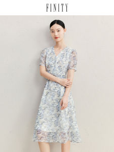 Elegant Simple Print V-neck Dress Womens Midi Skirt Fashionable Commute Polyester Fiber Summer New Arrival FFINITY