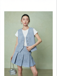 SUSHE | Intellectual Style Denim Mix Yarn Jacquard Gilet and Pleated Skirt Pants Set