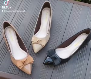Giày cao gót 3 phân mũi nhọn gót vuông phối nơ xinh