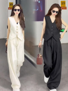 Fashionable Summer 2024 Womens Two-Piece Suit with Wide-Leg Pants and V-Neck Top Butlered Vest Style for 25-35 Birthday Party