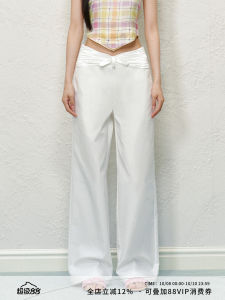 AGAM Original Silk Satin Waist Butterfly Knot Pearl Design Casual Pants High Waist Straight Leg Long Womens Fashion Polyester Cotton Blend