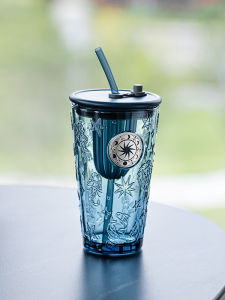 NERVISHI | Siphon Straws Glass Tumbler Stylish Dark Blue Retro Home Use